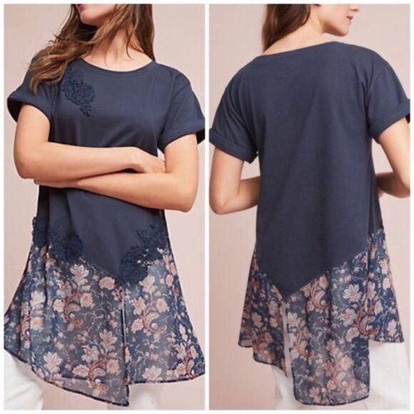 ANTHROPOLOGIE AKEMI KIN KRIS WOMENS ASYMMETRICAL FLORAL TUNIC TOP EMBROIDERED M - Picture 1 of 7